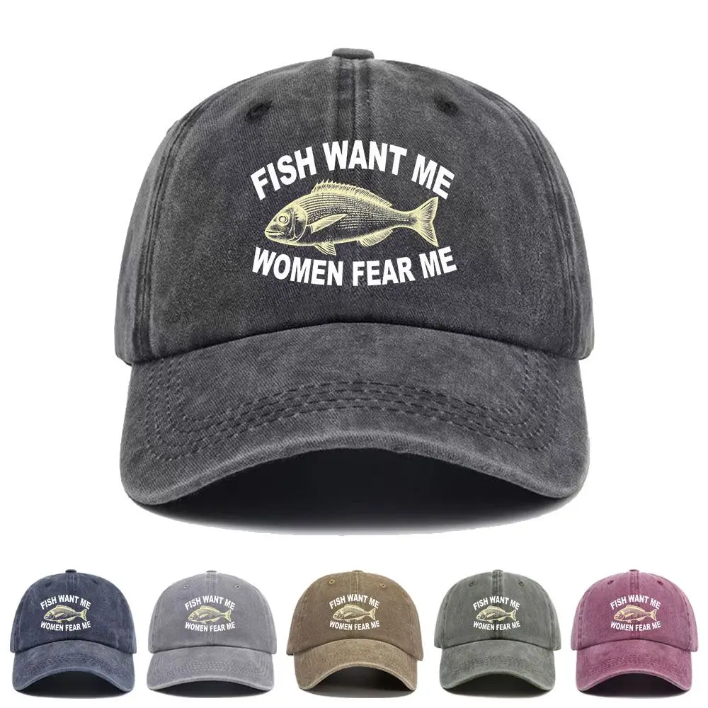 Vintage Washed Baseball Cap Women Want Me Fishes Fear Me Print Graphic Unisex Streetwear Casual Trucker Style Summer Cotton Hat