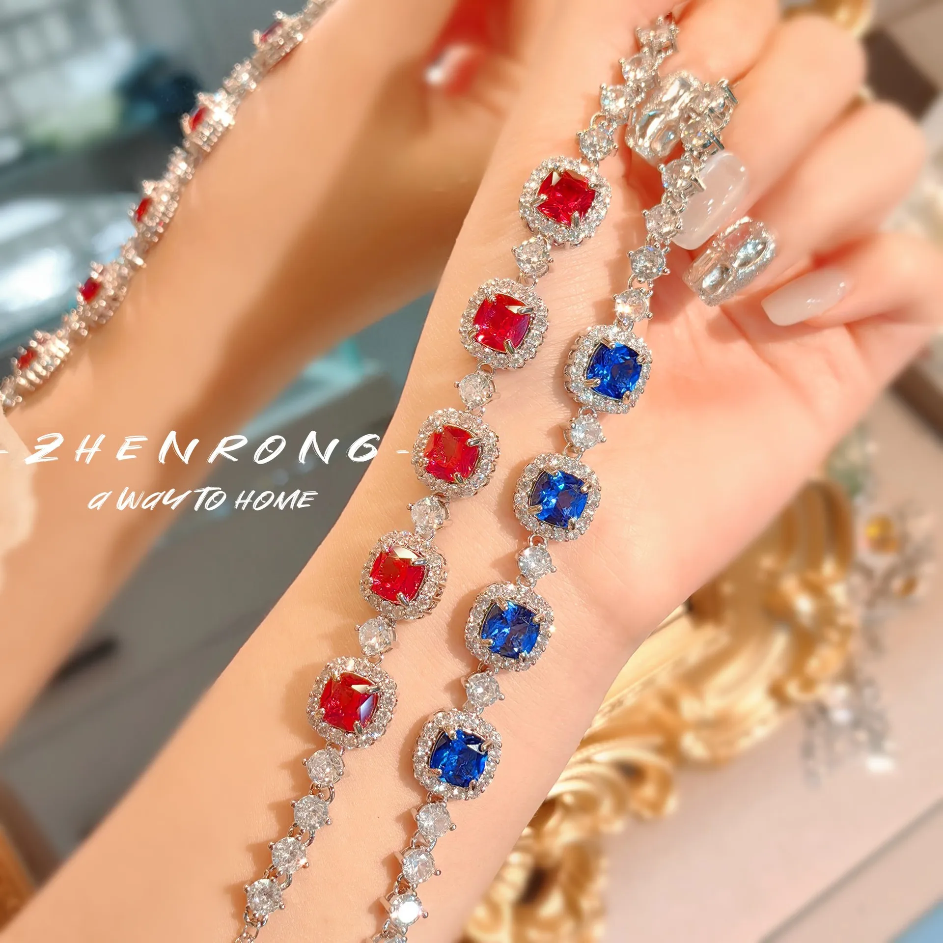 

Exquisite Luxury Shiny Blue Cobalt Spinel/Red Corundum High Carbon Diamond Bracelets For Women Fashion Silver Color 16+4cm Chain