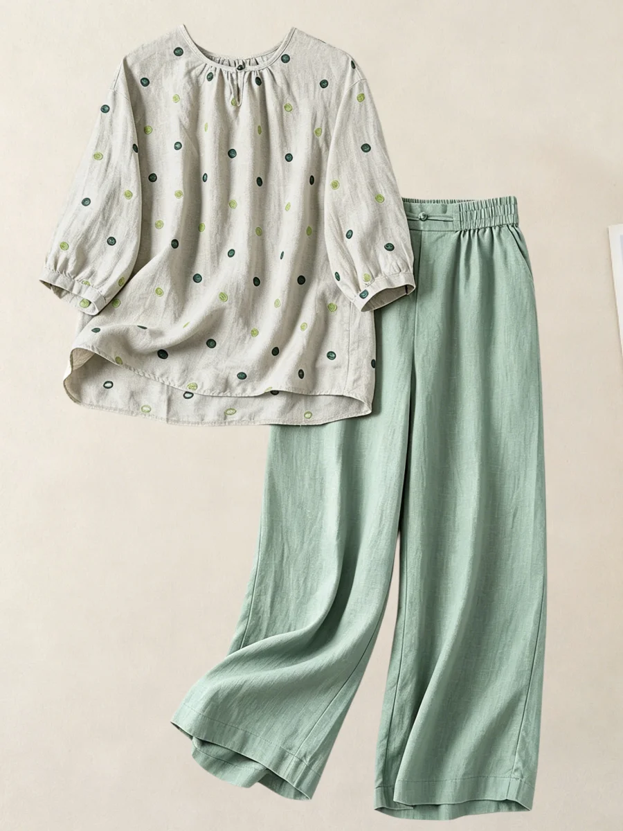 

Casual Loose Cotton Linen T-Shirt Women Summer Thin Top Pants Two-Piece Set round Neck Short Sleeve Embroidered Polka Dot