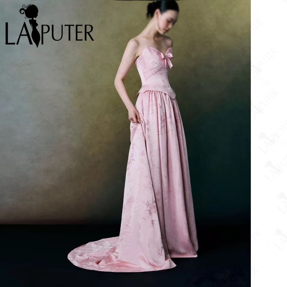 

Jacquard Satin Corset Pink Prom Dresses Off Shoulder A line Evening Gown Print Satin Woman Elegant Party Dress Formal Dress