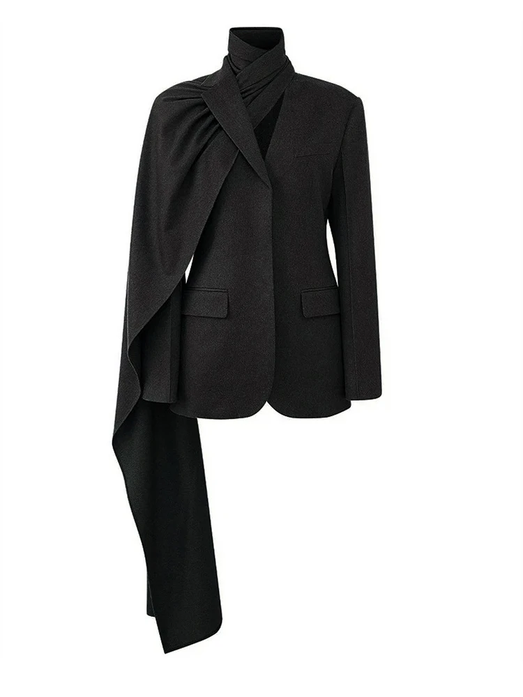 YYAHAHAS Coffee Irregular Scarf Elegant Blazer Women New Lapel Long Sleeve Loose Fit Jacket Fashion Tide Spring Autumn1DZ0018