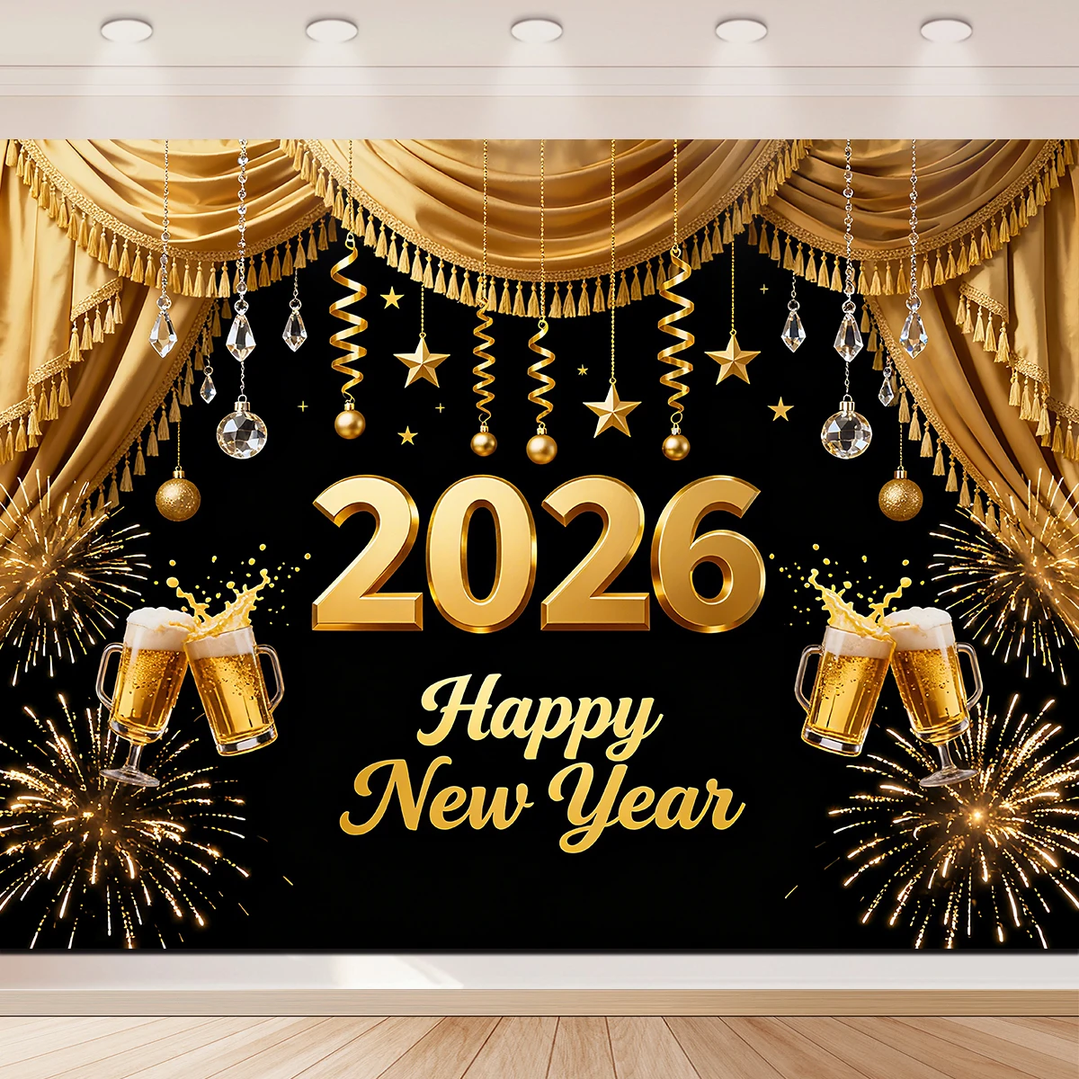 ترحيب 2026 سنة جديدة سعيدة ديكور حفلة إعداد الألعاب النارية البيرة الاحتفال ثلاثي الأبعاد زوجين معلقة القماش راية با