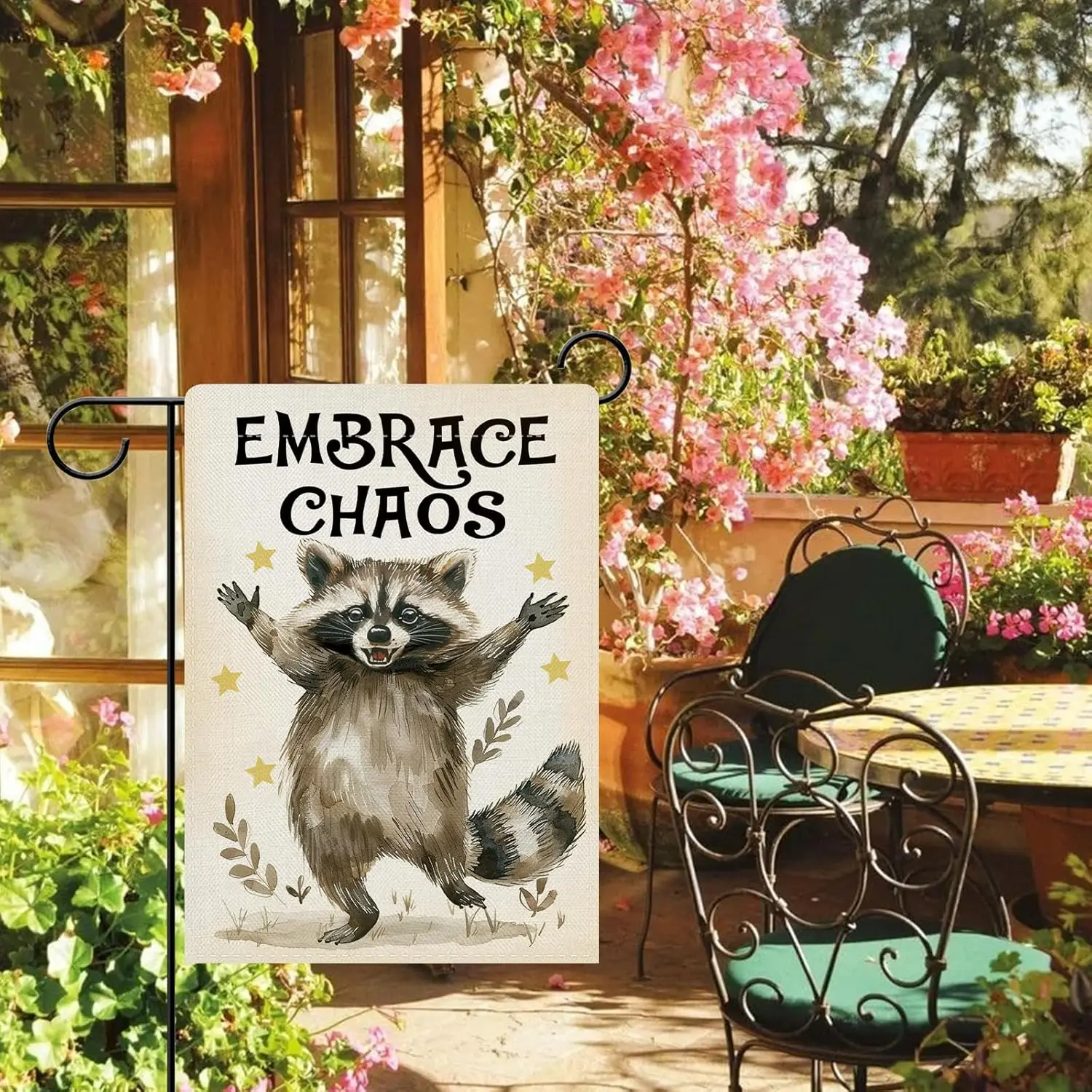 Dyrenson Funny Raccoon Decorative Garden Flag, Embrace Chaos Stars Yard Outside Home Decoration, Farmhouse Burlap Outdoor Sm EEU