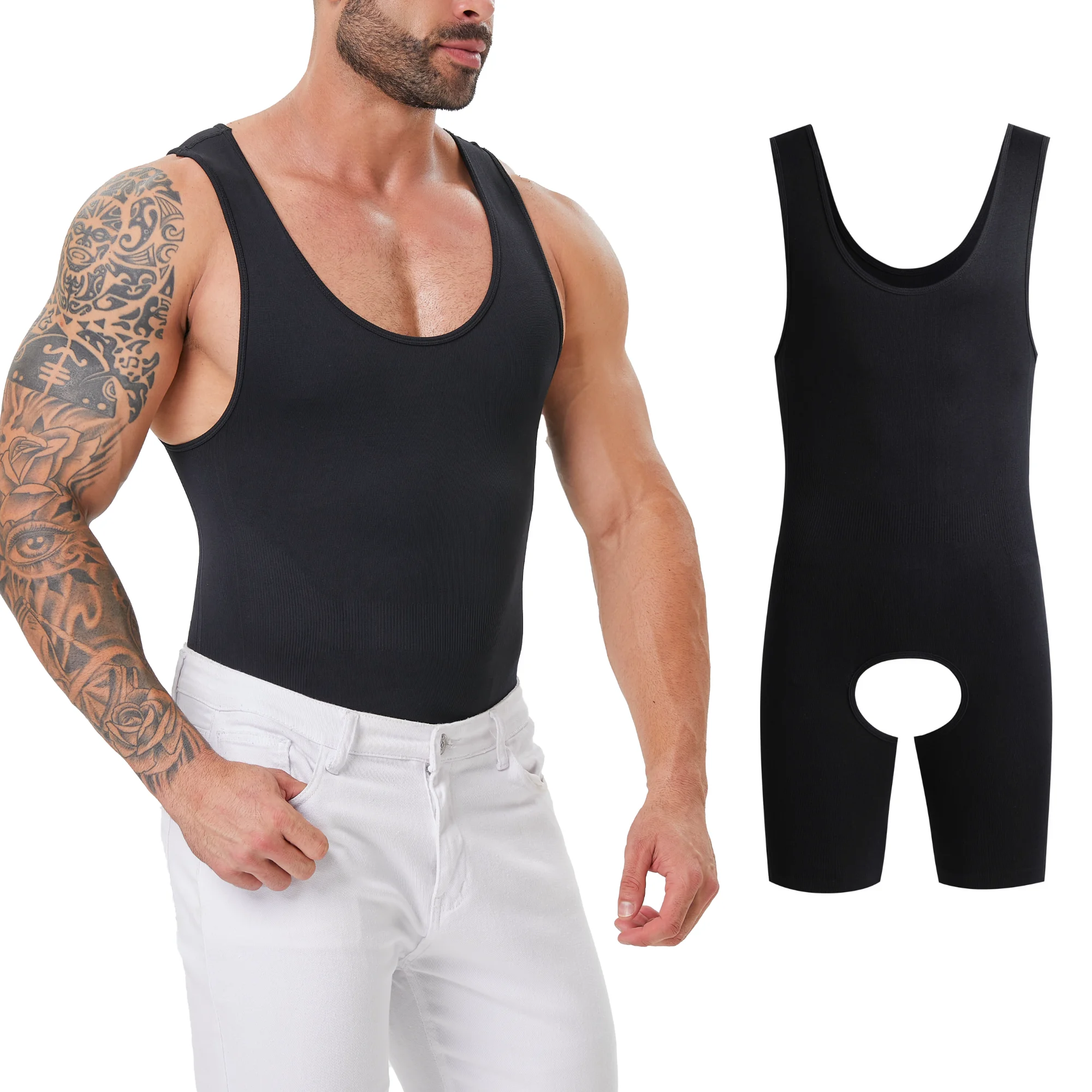 

Men's Seamless High Elastic Shaper Bodysuit, Breathable Slim Fit Open Crotch, Anti-Chafing Fitness Base Layer