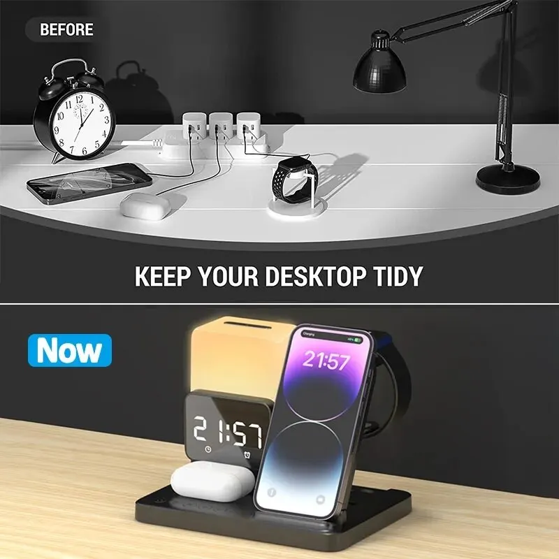 6 In 1 Wireless Charger Stand Pad Alarm Clock Lamp Foldable Fast Charging Dock Station for iPhone 14 13 12 11 IWatch 8 7 AirPods