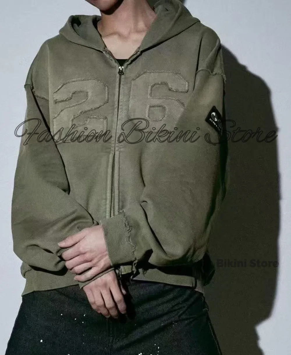 NEW Washed Grey Retro Hoodie 3D Embroidery ARIRANG Number 26 Hooded Jacket V Neck Sweatshirt Casual Streetwear Outerwear view 2