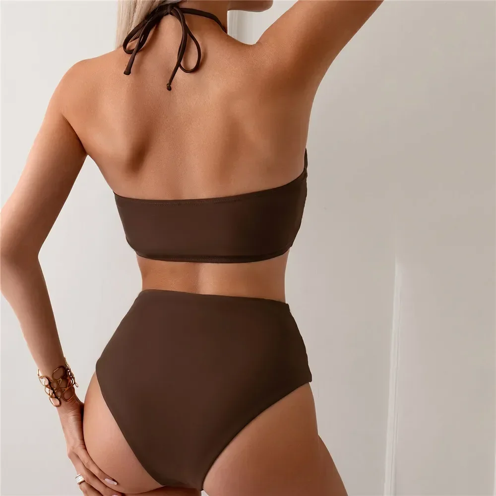 Brązowy zestaw bikini z wysokim stanem Damen Ruched String Halter stroje kąpielowe seksowny strój kąpielowy damski strój kąpielowy brazylijskie