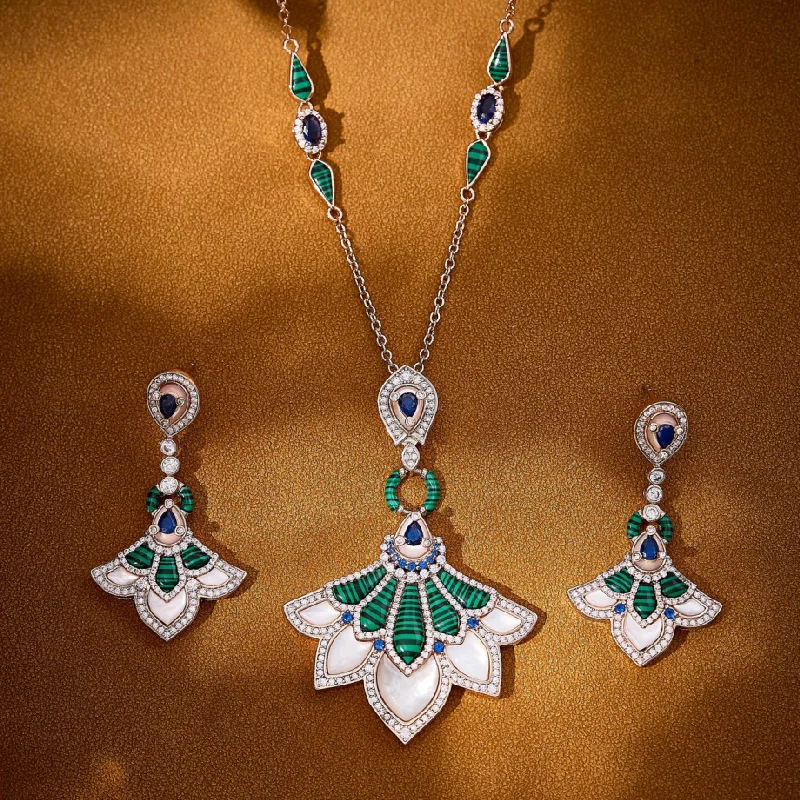

Europe America Style Stud Earrings Necklace Women Lady Inlay Cubic Zircon Mother Of Pearl Malachite Dinner Party Jewelry Sets