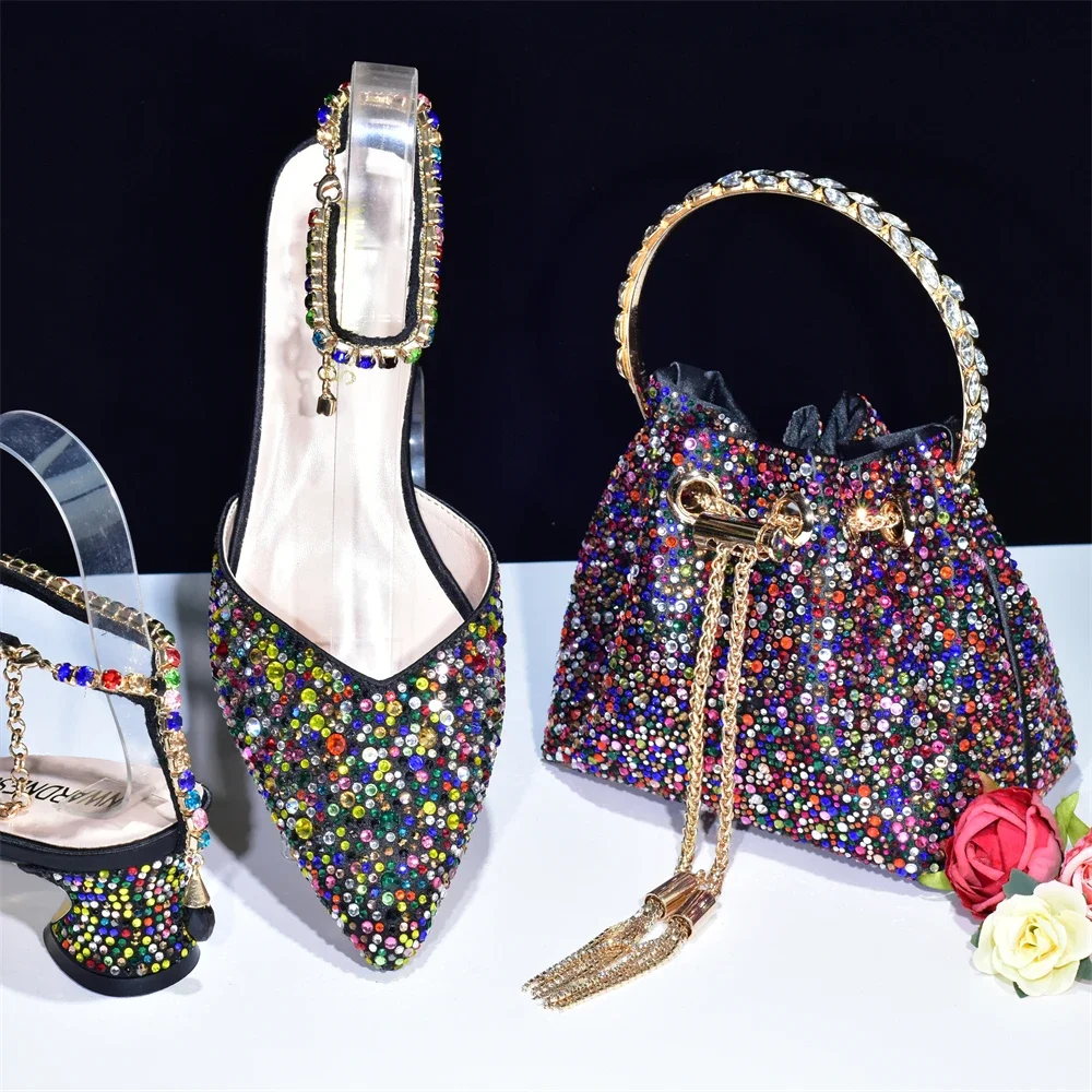 New Arrival Women Italian Handbag and Shoe Plus Size Shoes Luxury Nigerian Bag Set with Shoes Decorated with Rhinestone