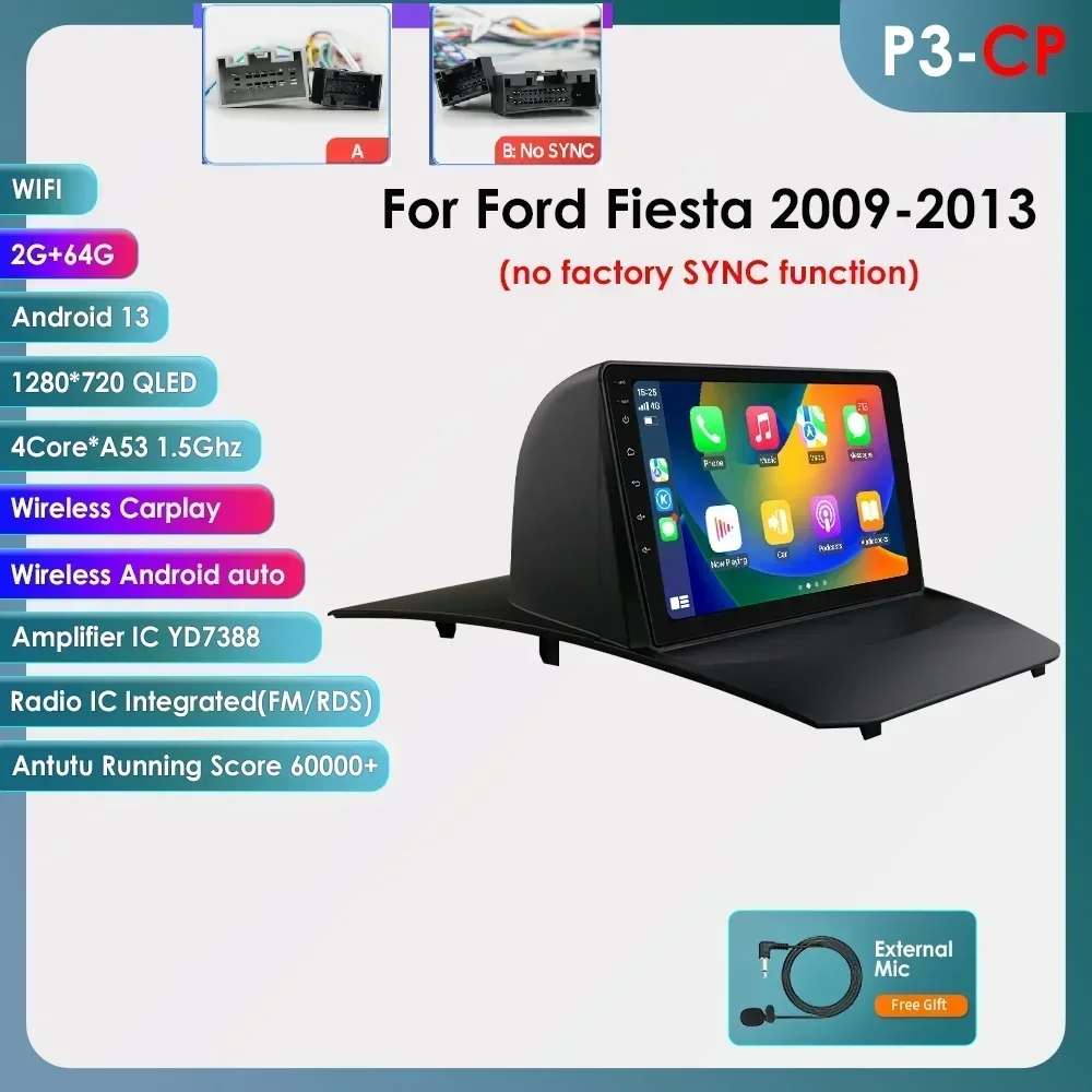 Hizpo Carplay 4G Android 14 Autoradio Multimedia Video Player voor 2009-2013 Ford Fiesta 2014-2017 Fabriek SYNC GPS Navigatie BT