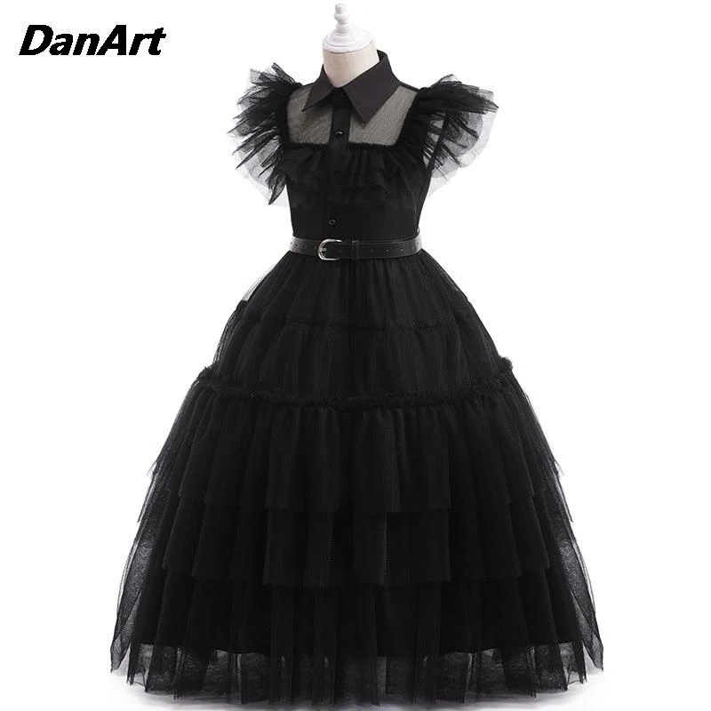 Girls' Black Cake Dress Party Fairy Elegant Evening Gown Children Mesh  Cosplay Princess Costumes Prom Performance Puffy Dress