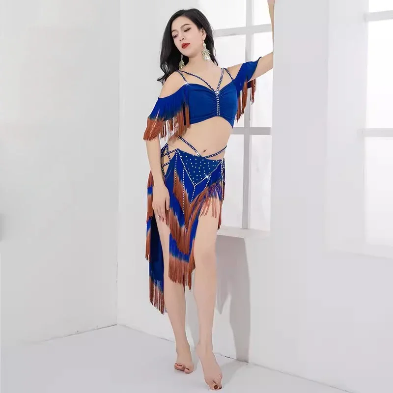 Sexy V-hals Buikdans Kostuum Set 2 stks Top Rok Meisjes Drum Solo Danswedstrijd Franjes Hippe Rok Contrast Kleur Outfit