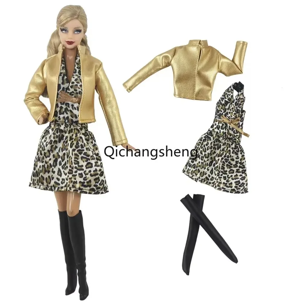 Giacca in pelle dorata cappotto stivali abito piccolo 11.5 "Set di vestiti per bambole per abito Barbie per abiti Barbie 1/6 accessori BJD giocattoli