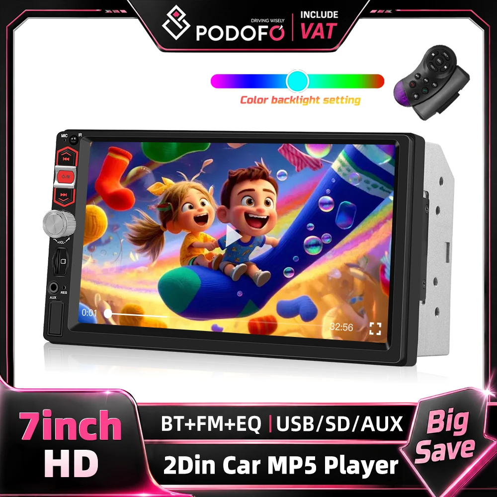 Podofo 7 Zoll Doppel-DIN Autoradio Kabelgebundenes Mirror-Link HD-Touchscreen Lenkradsteuerung FM-Radio BT USB Multimedia MP5 Videoplayer mit Rückfahrkamera-Unterstützung Autoradio Multimedia-Player