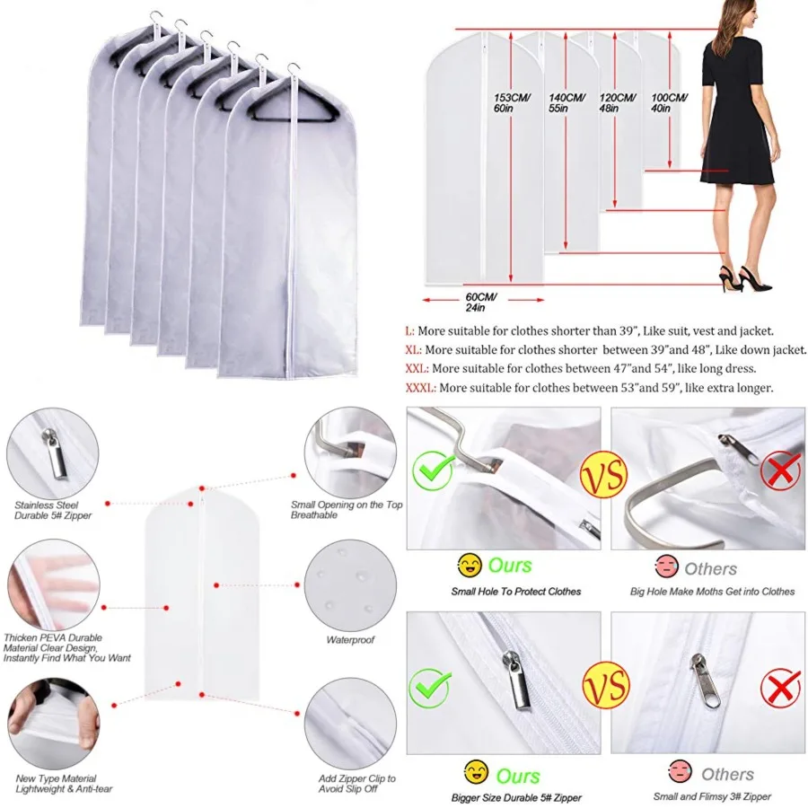 

Garment Bags for Hanging Clothes 24''X48'' Suit Bags for Closet Storage Pack of 6 Plastic Waterproof Suit Cover Bags with Zippe