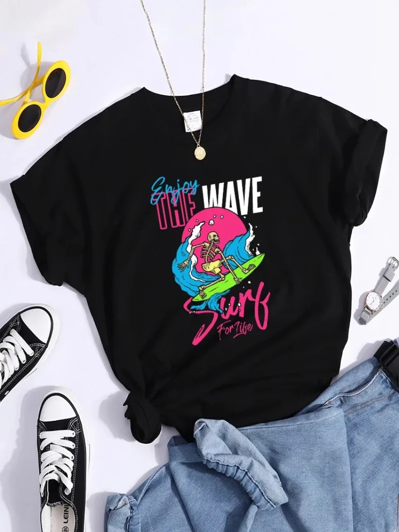 Women Round Neck Simplicity T Shirt Vintage Summer Tee Shirts Outdoor Quality Tops Skeleton Enjoy The Wave Surf For Life Tshirt