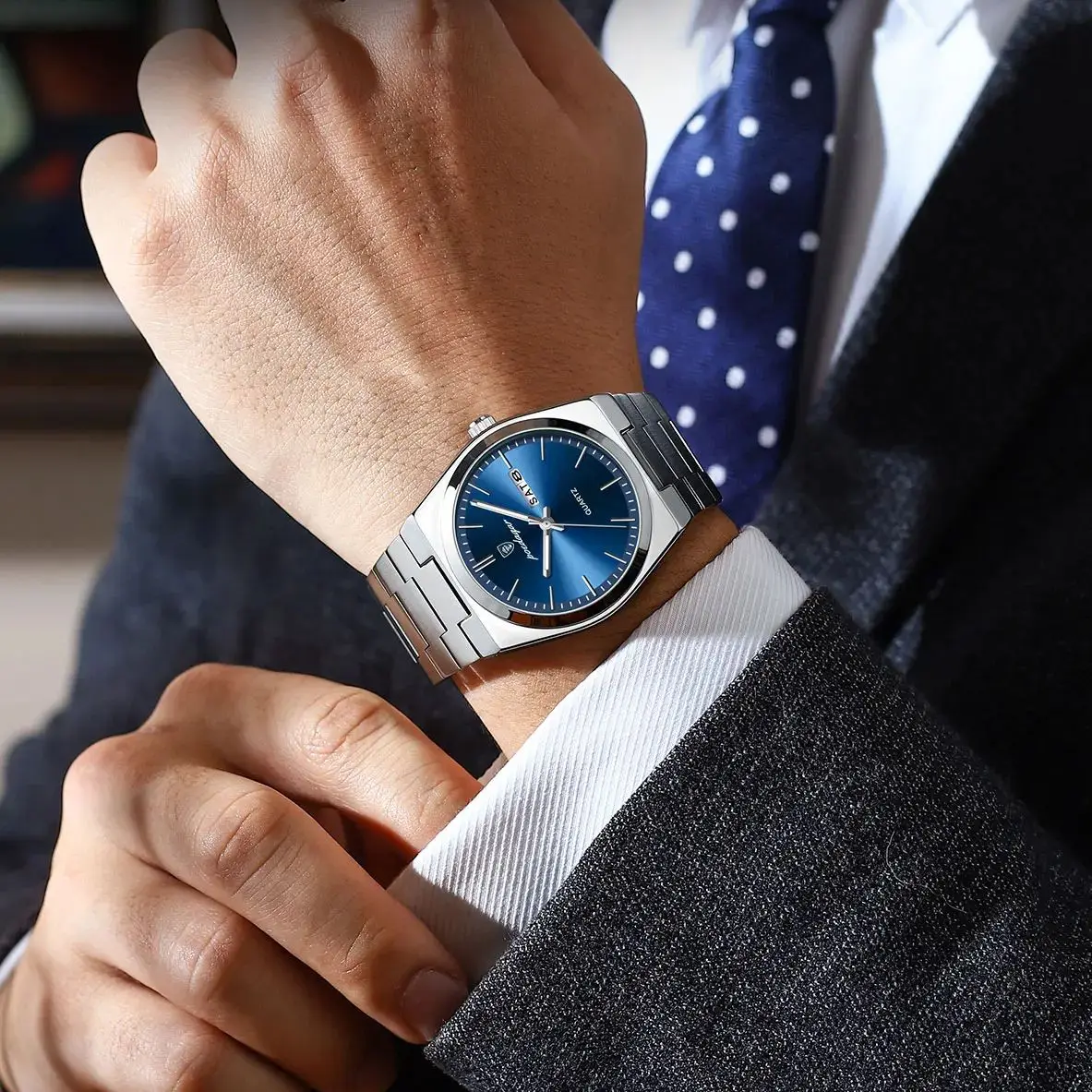 POEDAGAR ساعة فاخرة للرجل مقاوم للماء مضيئة تاريخ الأسبوع الفولاذ المقاوم للصدأ ساعة رجالية عادية كوارتز ساعات رجالية ساعة رجالية + صندوق