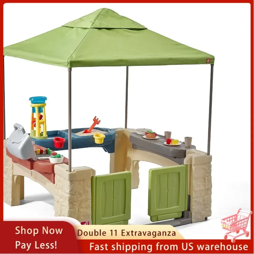 All Around Playtime Patio with Canopy, Kid Indoor and Outdoor Kitchen Playset, Sensory Playhouse,2+ years old, Easy Assembly