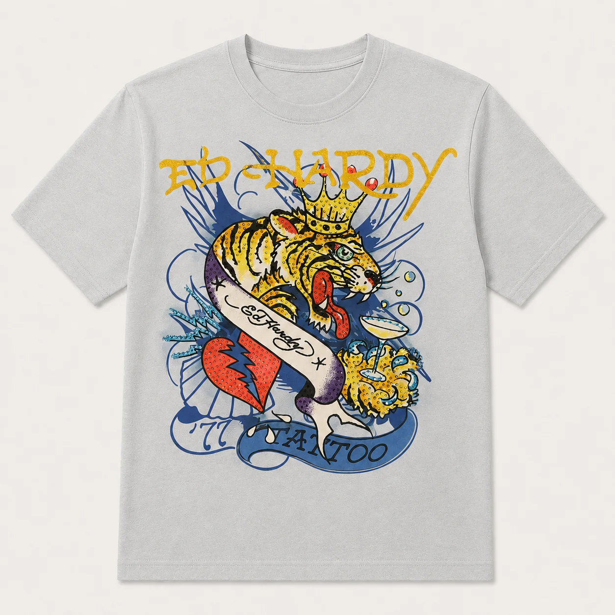 Y2K Harajuku Streetwear Rundhals-T-Shirt mit Gold-Gothic-Schrift und Kronen-Tiger-Tattoo-Banner-Druck, atmungsaktives Baumwoll-Oberteil für Männer und Frauen – Detail 8