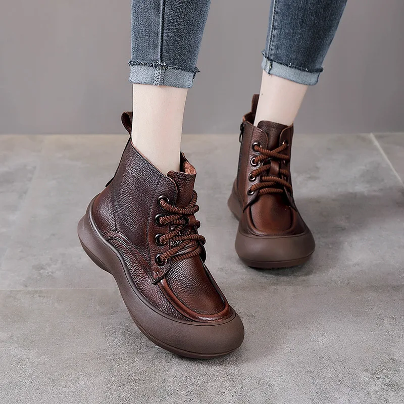 Short boots women's autumn and winter new style sponge cake leather lace up casual shoes retro bare short boots