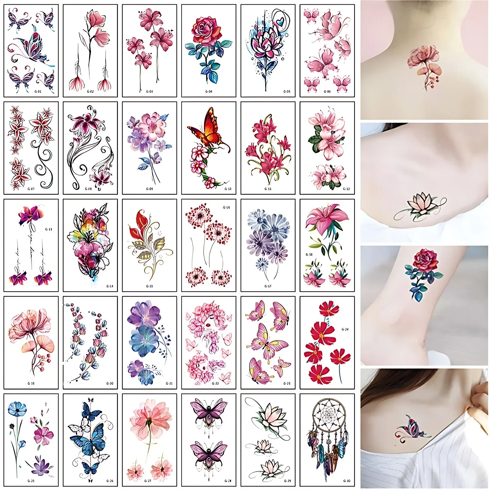 30pcs/set Aesthetic Fake Tattoos for Women Girls Ladies Lily Floral Butterfly Dreamcatcher Tattoos Sticker Party Favors Body Arm