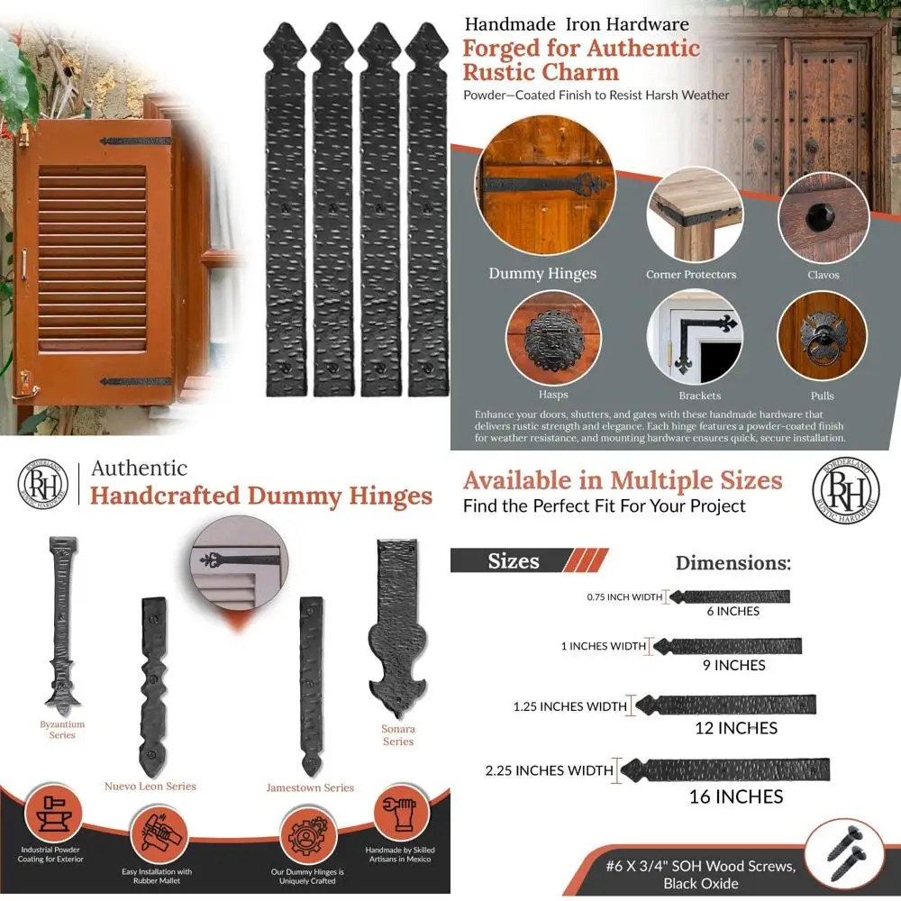 

Black Decorative Dummy Hinges Set of 4 - Rustic Iron Hinges for Farmhouse Shutters, Carriage Doors, and Vintage Door Decor