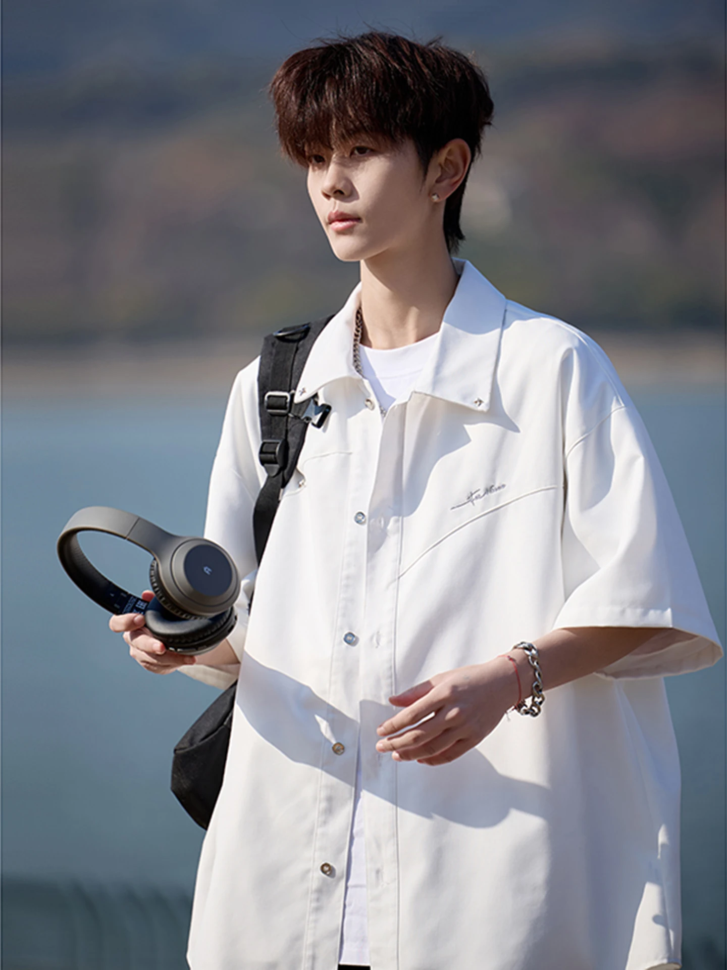 

Rivet Button Patchwork Loose Fit Short Sleeve Summer Thin Casual Shirt Polyester Cotton Blend Breathable Comfortable Mens Shirt