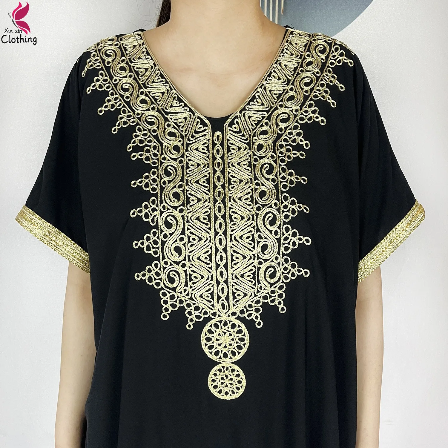 2026 New Summer Short Sleeve African Abaya Cotton Pure Color Embroidery Loose Woman Maxi Islam Tradition Dresses With Headscarf - view 6