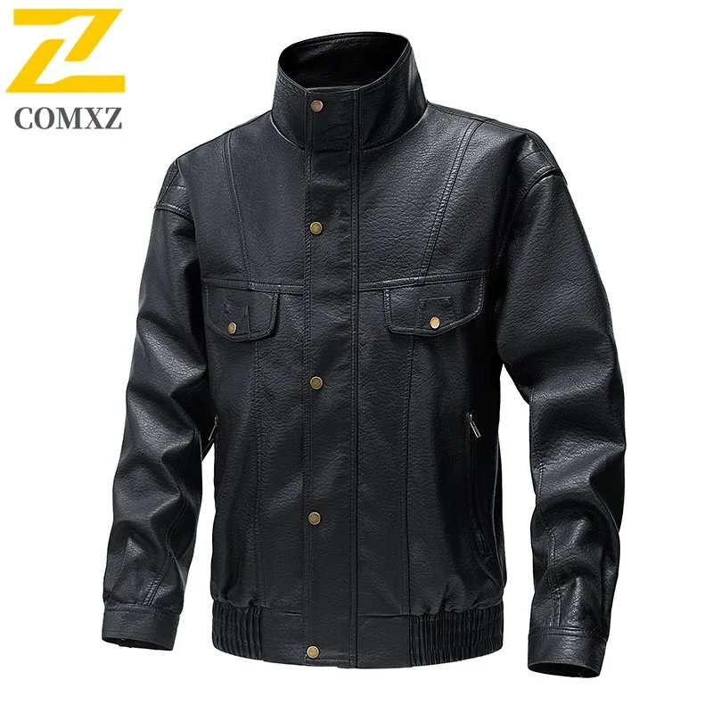 

COMXZ Men Vintage Biker Jacket Genuine Leather Stand Collar Water-Resistant Windproof Motorcycle Coat Urban Streetwear Loose Fit