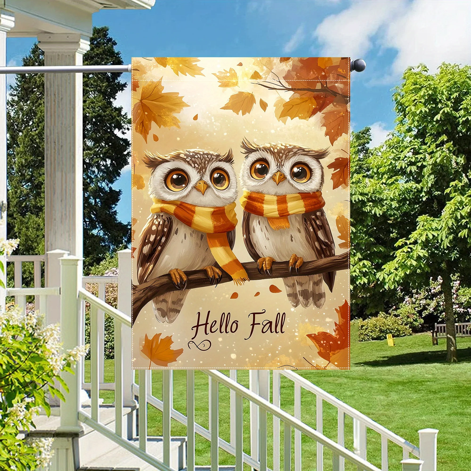 Hello Autumn Owl Double-Sided Garden Flag 12x18inches, Durable Polyester, Perfect for Outdoor Yard & Lawn Decor