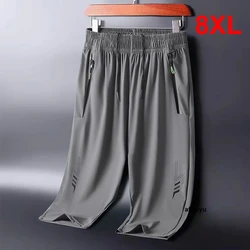 Calça legal com comprimento de bezerro masculina, calça curta casual com elástico na cintura, moda masculina, plus size, 8XL, grande, verão