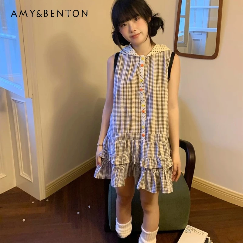 

New Plaid Polka Dot Hooded Women's Dress Original Hem Fluffy Cute Small Flower Buttons Age-reducing Sleeveless Dresses Ladies