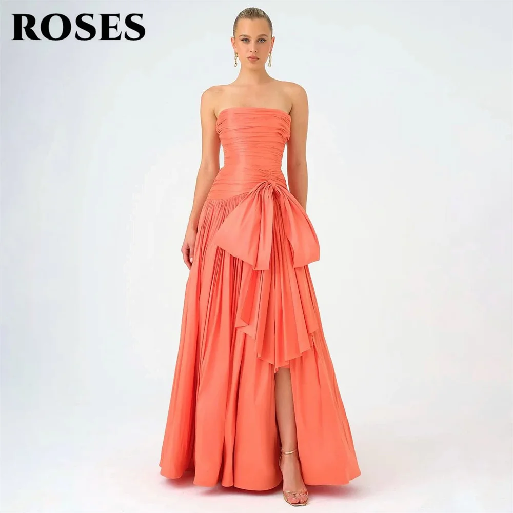 

ROSES Coral Orange Party Dresses Strapless Evening Dress Ruffled فساتين السهرة with Large Bow for Wedding Customized