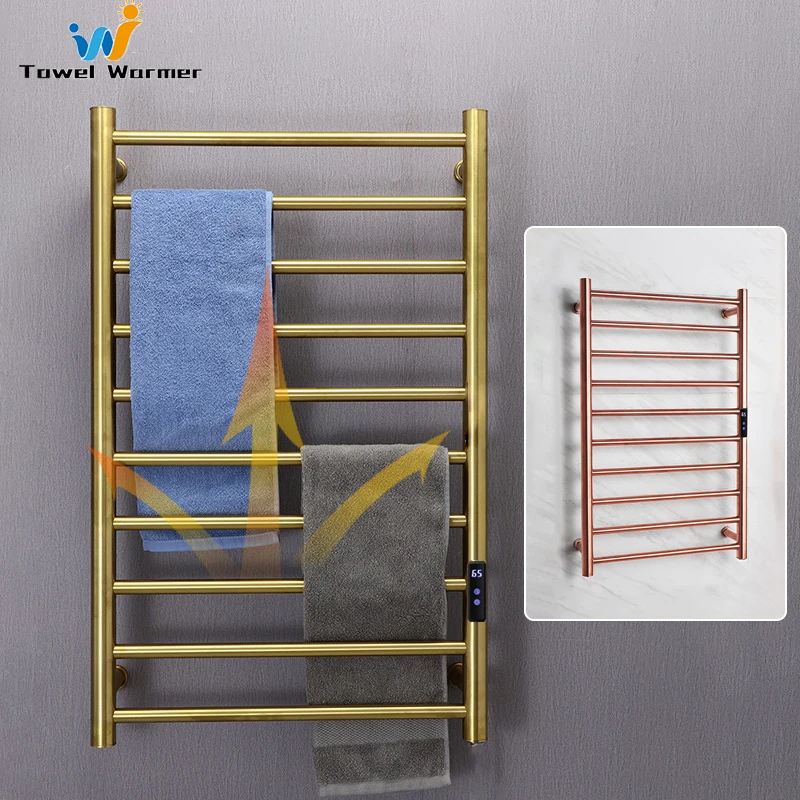 

Gold Electric Towel Rack Smart Temperature Time Control Towel Warmer Bathroom Stainless Steel Electric Heated Towel Rail