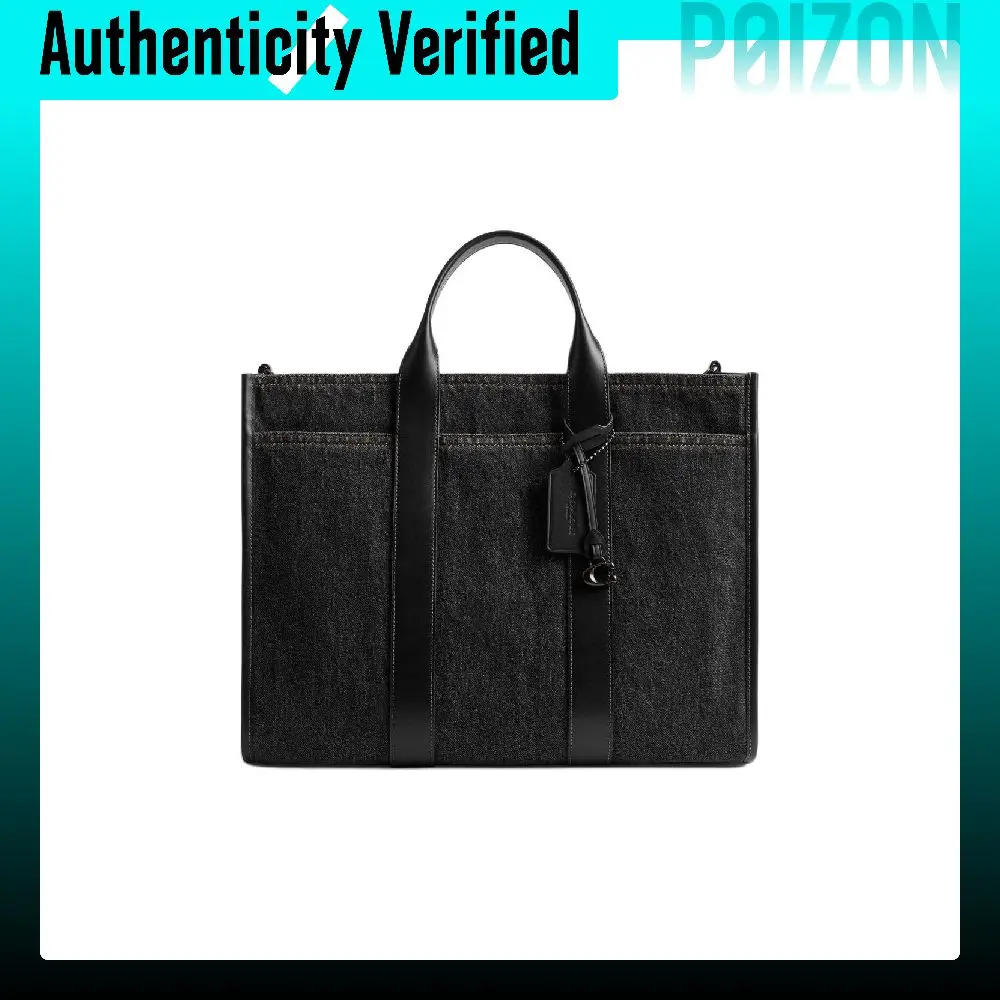 COACH Denim With Refined Calfskin Tote Bag, Shopping Bag, Shoulder Bag, Handbag Large Men's Washed Black CAJ54-A0R