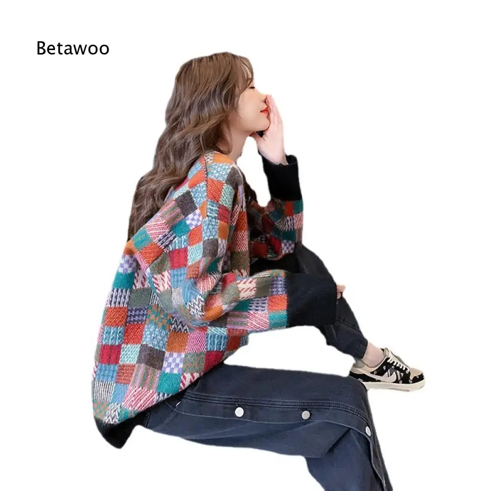 Women Long Sleeve Knit Top Round Neck Multicolored Plaid Patchwork Loose Pullover Sweater For Cold Season Everyday Wear