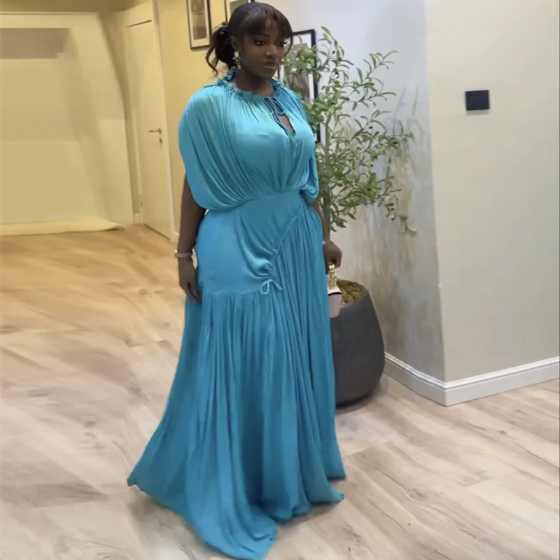 

Women Dresses Solid Dress Pleated Round Neck Short Sleeves Cinched Empire Waist Floor Length Loose Fit Casual Office 2026 Summer