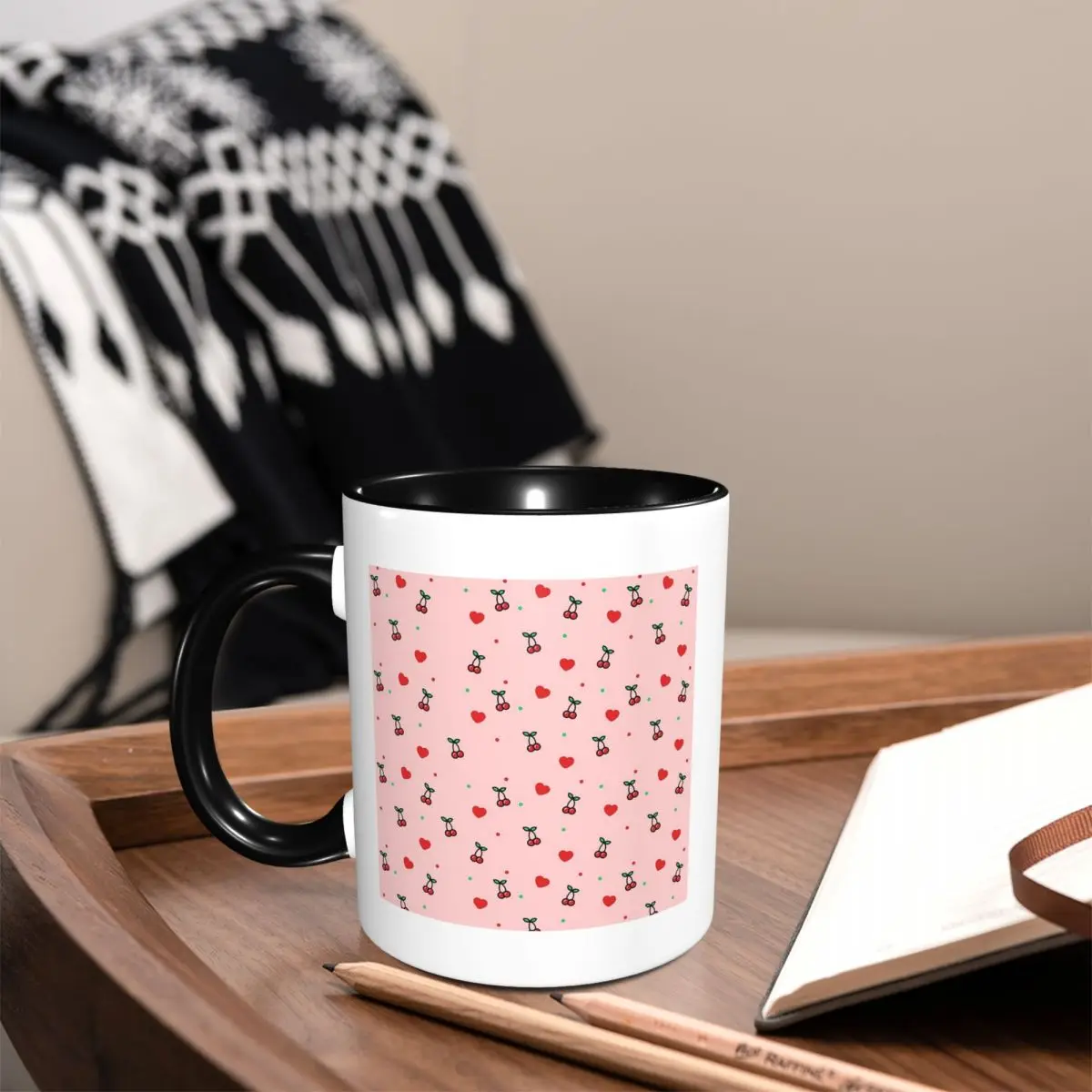 Cherry Heart Design Pattern With Pink Background Mug Funny Ceramic Coffee Cups Tea Mugs Milk Cup Drinkware Gift for Friends