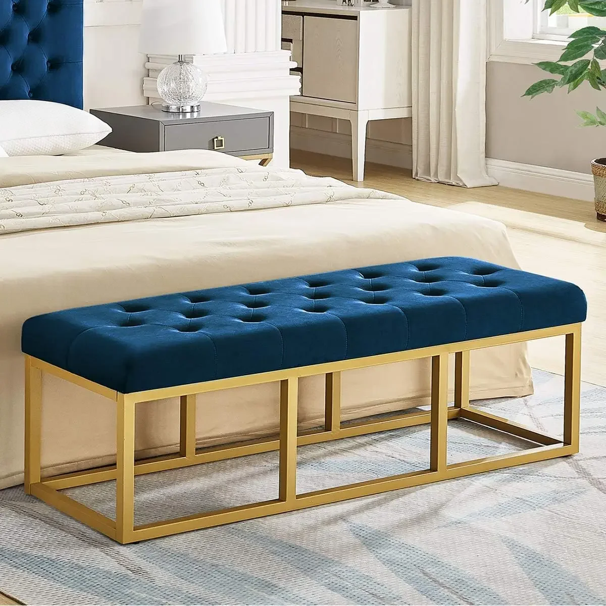 Upholstered Tufted Long Bench with Golden Metal Leg, Navy Velvet Bench with Padded Seat-Navy