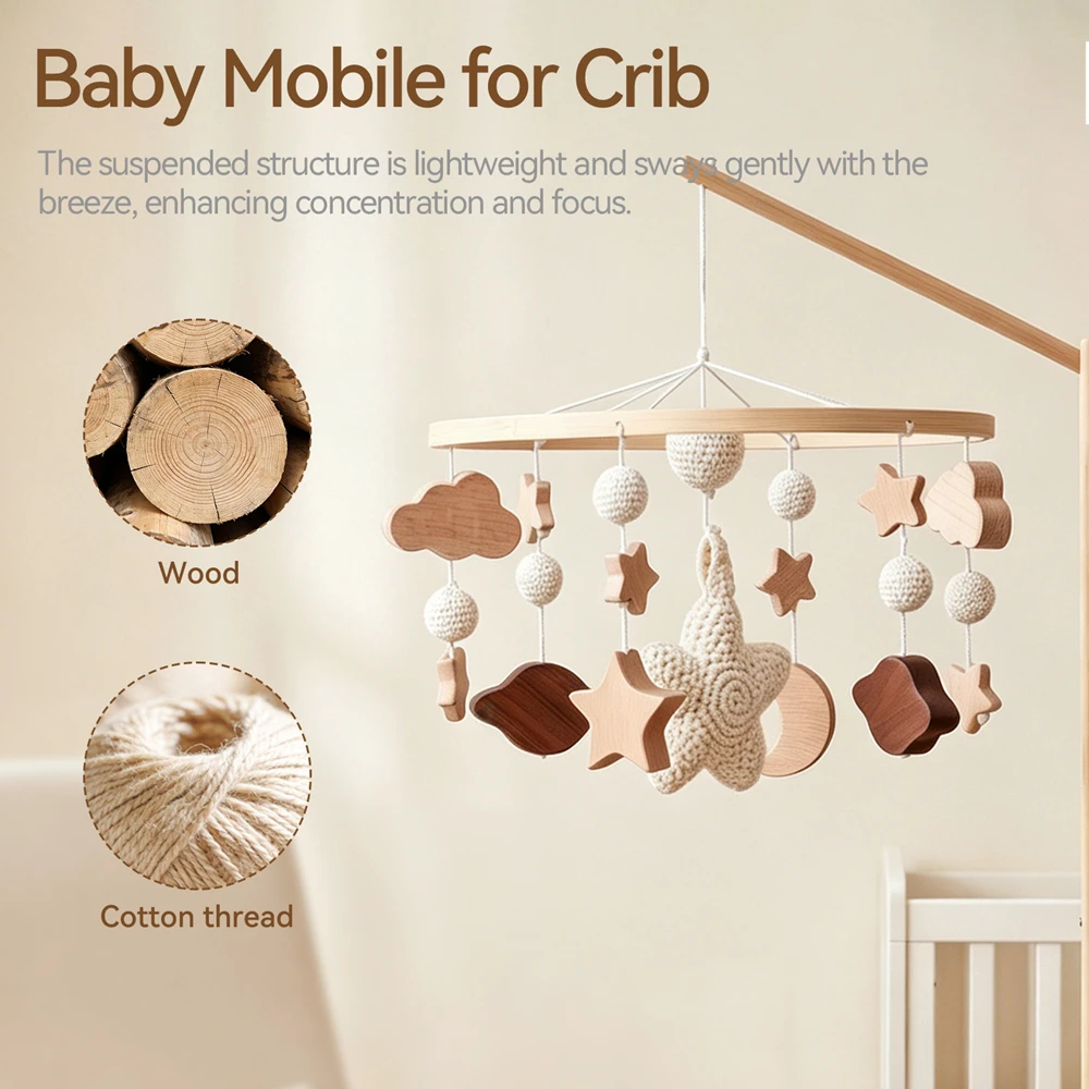 Baby Toys Starry Sky Crib Bed Bell Baby Hanging Toys Wooden Stars Mobile 360 Degree Rotation Rattle Toys Moon Bed Bell Sensory
