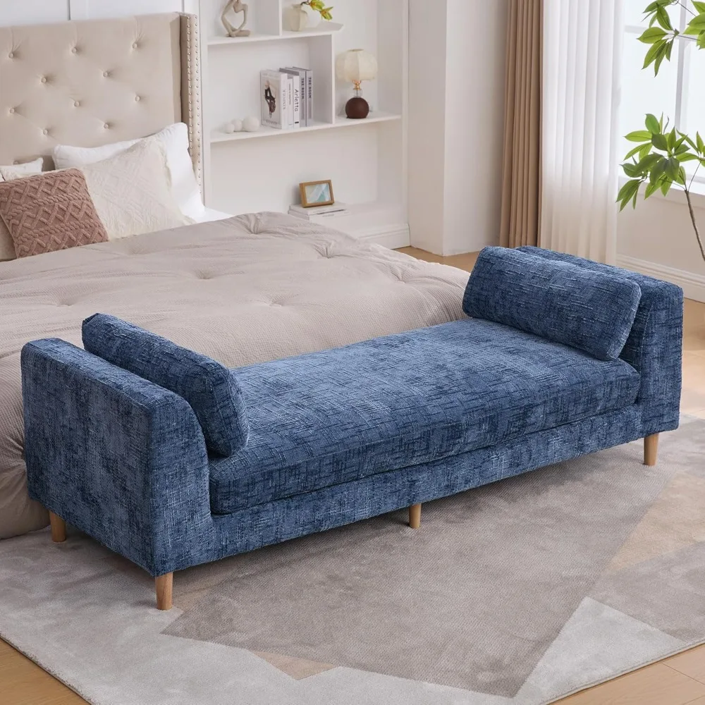 

83.1" Chenille Chaise Bench - End of Bed Bench with Armrests & 2 Pillows, Solid Wood Legs