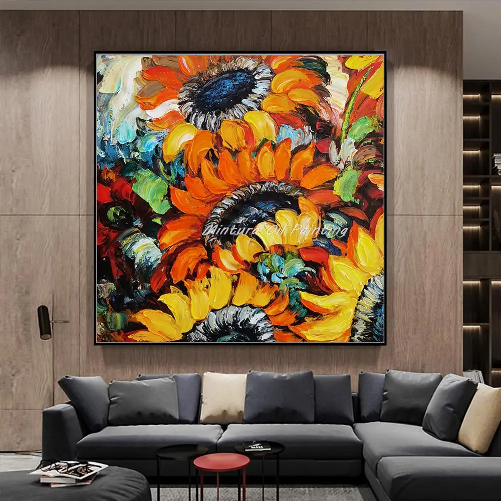 

Mintura Handmade Thick Texture Sunflower Oil Paintings on Canva Modern Abstract Art Wall Picture for Living Room Home Decoration