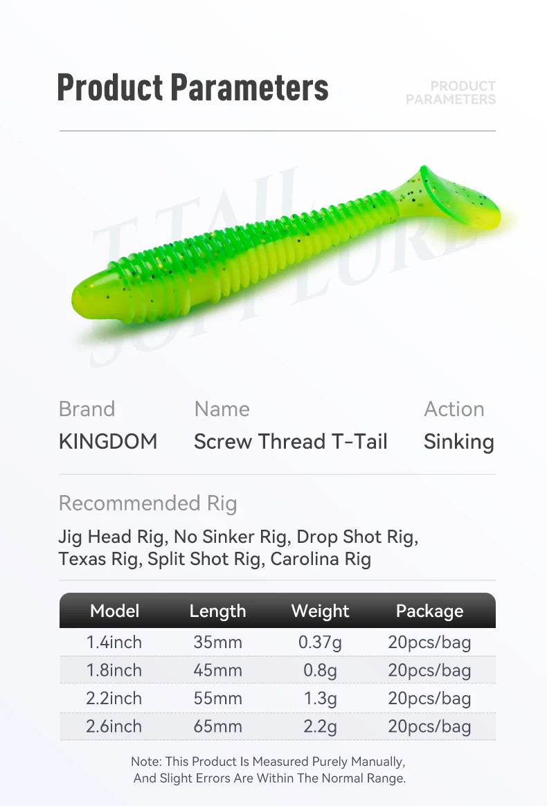 KINGDOM Schraubgewinde T-Schwanz Weicher Angelköder 20 Stück Silikon-Wurmköder Paddelschwanz-Swimbait 35mm-65mm für Barsch-, Forellen- und Hechtangeln – Detail 2
