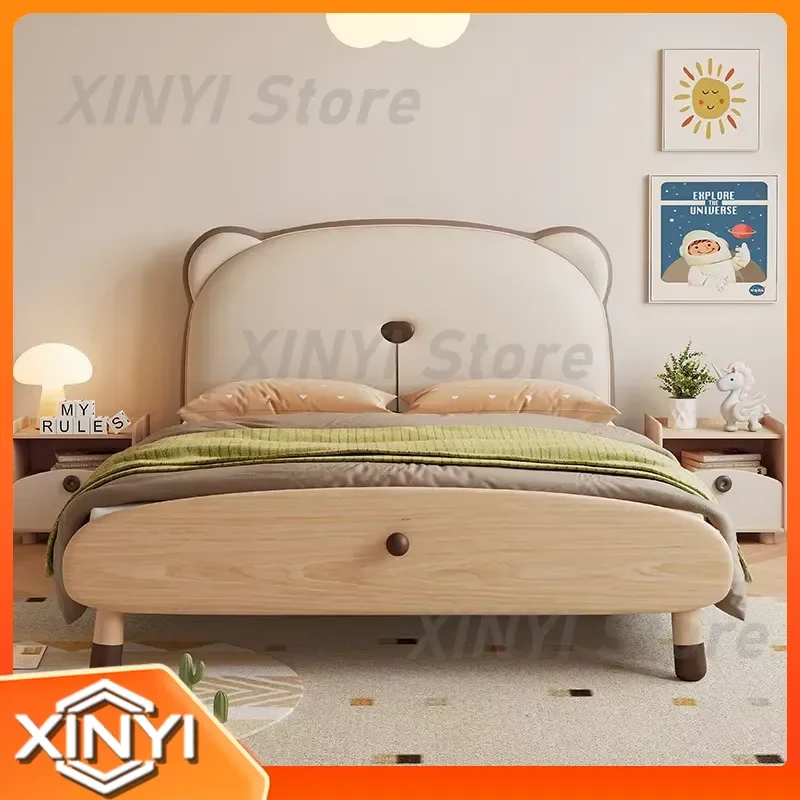 Solid Wood Bear Shaped Children's Bed for Kids Bedroom Furniture – Luxury Leather Double Bed with Soft Upholstered Headboard