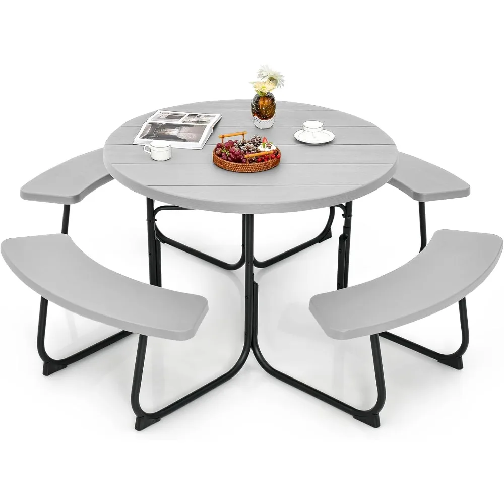 8 Person Outdoor Round  Picnic , with 4 Built-in Benches, Outside Table and Bench Set for Garden, Backyard, Porch, Patio