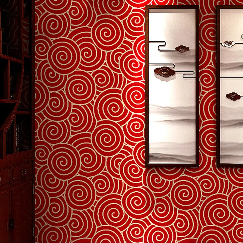 New Chinese Style Wallpaper in Bright Red with Classic Zen Design for Restaurant Dining Room Living Room TV Wall
