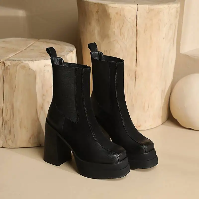 Krazing Pot Cow Leather Super High Heels Slip on Modern Platform Boots KPOP Fashion Style Punk Rock Singer Round Toe Ankle Boots