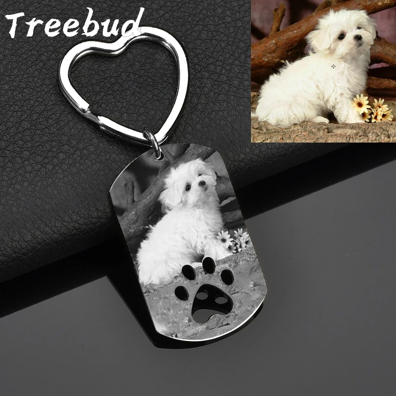 Treebud Personalizado Gravado Foto Pet Chaveiros Aço Inoxidável Gravado a Laser Nome Data Imagem Tag Keyrings Melhor Amigo Jóias