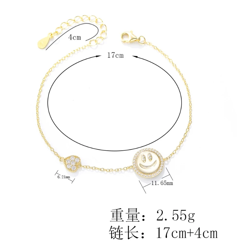 Smiling Face Zircon Sterling Silver Bracelet for Women, Niche Design, High-End Heart-Shaped Chain Jewelry