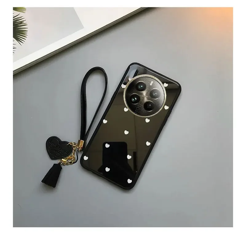 Love Heart Pattern Tempered Glass Shockproof Hard Protection Case For OPPO Realme 12 Pro Plus 12X 11 5G 10Pro C67 Tassel Lanyard